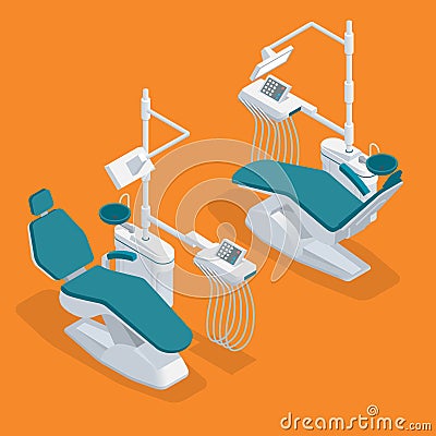 Isometric Modern Dentist Chair Isolated. Equipment in dental cabinet. Modern dental practice. Vector Illustration