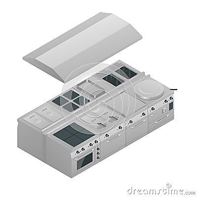 Isometric Modern industrial kitchen. Professional shiny kitchen with stainless still kitchenware and equipment Vector Illustration