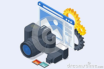 Isometric Modern Photo Studio with Professional Equipment. DSLR Photocamera Vector Illustration