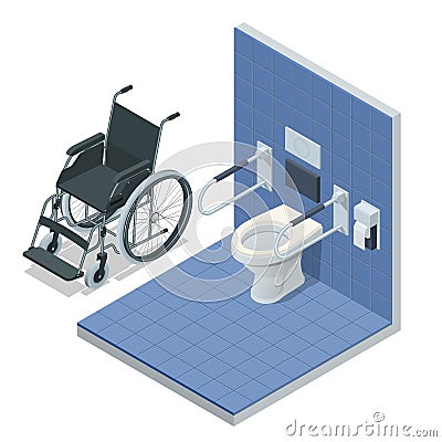 Isometric modern restroom for disabled people. Bathroom for the elderly and disabled, with grab bars and wheelchair Vector Illustration