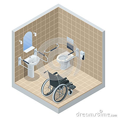 Isometric modern restroom for disabled people. Bathroom for the elderly and disabled, with grab bars and wheelchair Vector Illustration