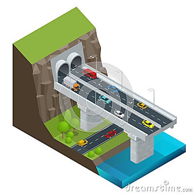Isometric Modern Road Tunnel in the Mountain. Highway with tunnel vector isolated illustration. Vector Illustration