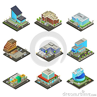 Isometric Modern Supermarket Buildings Set Vector Illustration