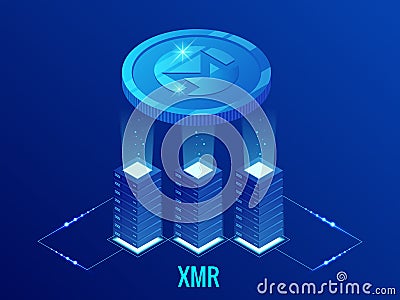 Isometric Monero XMR Cryptocurrency mining farm. Blockchain technology, cryptocurrency and a digital payment network for Vector Illustration