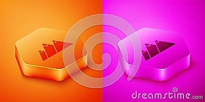Isometric Mountains icon isolated on orange and pink background. Symbol of victory or success concept. Hexagon button Vector Illustration