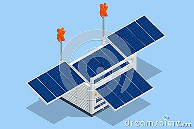 Isometric multifunctional electricity generator. Solar panels, wind panels and a diesel generator all-in-one. Vector Illustration