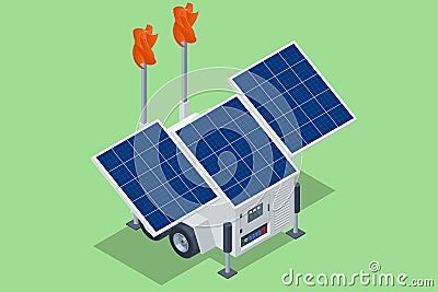 Isometric multifunctional electricity generator. Solar panels, wind panels and a diesel generator all-in-one. Vector Illustration