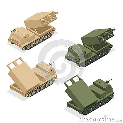 Isometric Multiple rocket launcher icons set isolated on white. Multiple Launch Rocket System is an armored, self Vector Illustration
