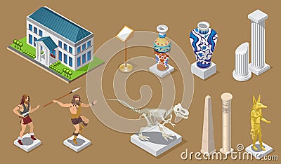 Isometric Museum Icons Collection Vector Illustration