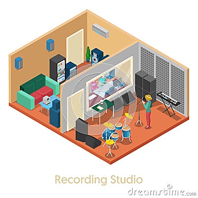 Isometric Music Recording Studio Interior with Singer Vector Illustration