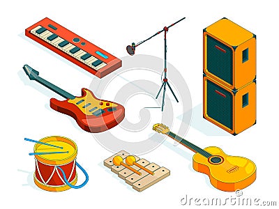 Isometric music tools. Vector pictures instruments of musicians Vector Illustration