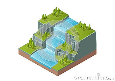 Isometric natural beautiful waterfall Vector Illustration