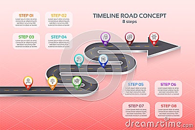 Isometric navigation map infographic 8 steps timeline concept. W Vector Illustration