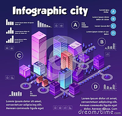 Isometric neon city infographics of violet colors Vector Illustration