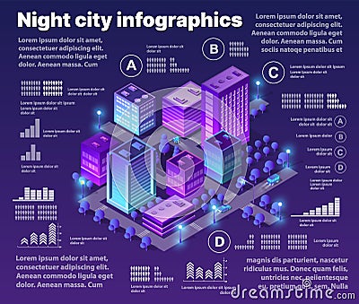 Isometric neon city infographics of violet colors Vector Illustration