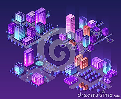 Isometric neon city set of violet colors Vector Illustration