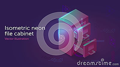 Isometric neon light archive file cabinet Vector Illustration