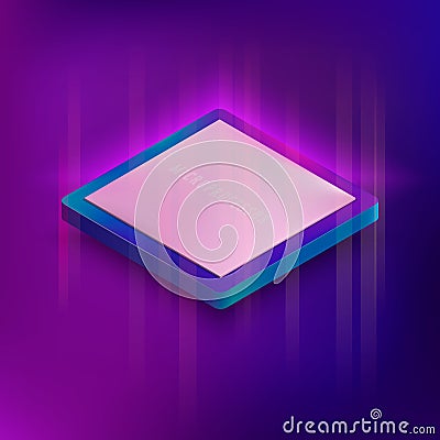 Isometric neon styled illustration of computer microprocessor. Vector Illustration