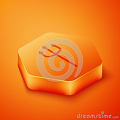 Isometric Neptune Trident icon isolated on orange background. Happy Halloween party. Orange hexagon button. Vector Vector Illustration