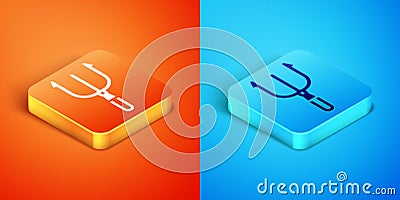 Isometric Neptune Trident icon isolated on orange and blue background. Vector Vector Illustration