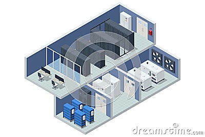 Isometric Network computing technologies. Digital space. Data storage. The data center provides data storage and backup Vector Illustration