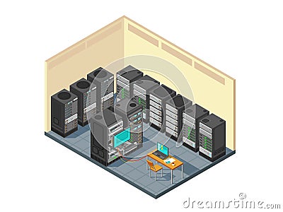 Isometric network server room with row of computer equipments Vector Illustration