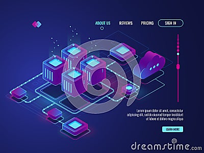 Isometric networking conncetion, internet network topology concept, server room, data center and database icon Vector Illustration