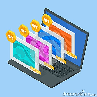 Isometric NFT Non-fungible token is a unique and non-interchangeable unit of data stored on a digital ledger blockchain Stock Photo