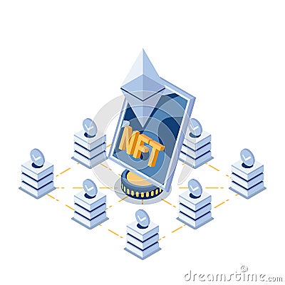 Isometric NFT Non Fungible Tokens Art in The Center of BlockChain Technology Vector Illustration