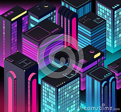 Isometric night city. 3d illuminated buildings. Future urban landscape. Vector illustration Vector Illustration
