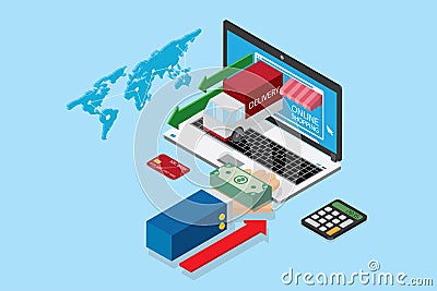 Isometric notebook and business hand with stack of dollar banknotes, online shopping and business concept Vector Illustration