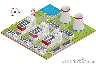 Isometric Nuclear Power Plants are a type of power plant that use the process of nuclear fission in order to generate Vector Illustration