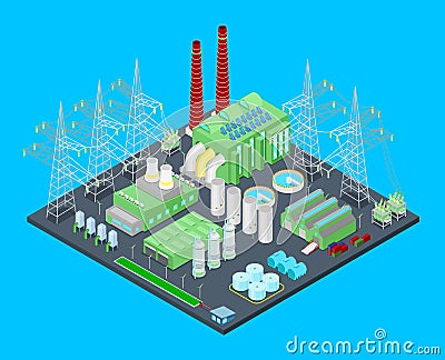 Isometric Nuclear Power Station with Pipes Vector Illustration