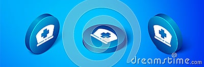 Isometric Nurse hat with cross icon isolated on blue background. Medical nurse cap sign. Blue circle button. Vector Vector Illustration