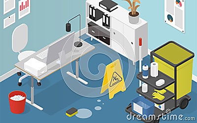 Isometric Office Cleaning Illustration Vector Illustration