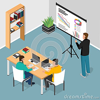 Isometric office. Concept of business meeting, exchange ideas and experience, coworking people,collaboration and Vector Illustration