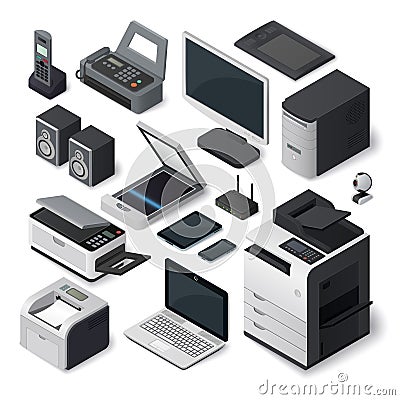 Isometric office equipment vector set. Vector Illustration