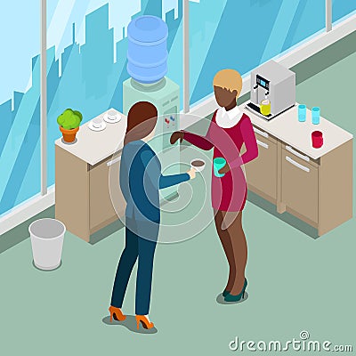 Isometric Office Kitchen. Business People Drinking Coffee. Vector Vector Illustration