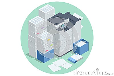 Isometric Office Multi-function Printer scanner. Print, copy, scan, fax. For office documents, presentations and Vector Illustration