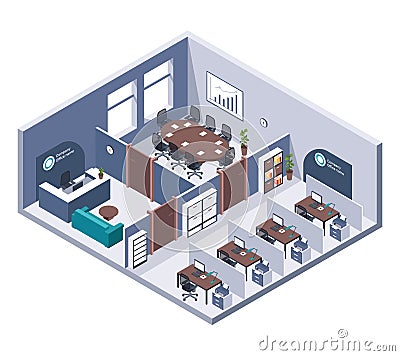Isometric office. Room interior with furniture, desk and computer, printer and reception. Business building cutaway 3d Vector Illustration