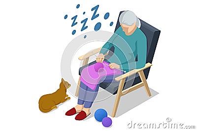 Isometric old woman knits. Granny knitting in her armchair next to a cat playing with a ball of yarn. Hobbies Vector Illustration