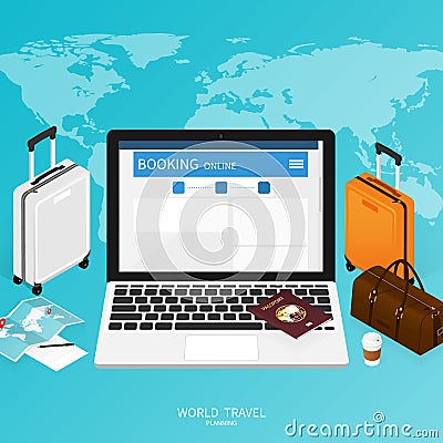 Isometric online booking ,passport world map,trip plan travel banner vector Vector Illustration