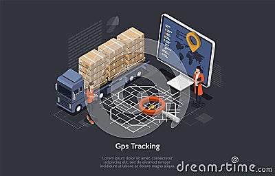 Isometric Online Cargo Delivery Tracking System With Gps Position Of the Truck. Workers are Monitoring The Location Of Vector Illustration