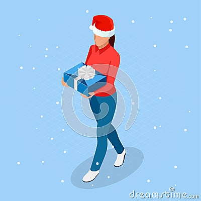 Isometric Online Christmas Shopping. Delivery woman in Santa Claus hat with Christmas present. Delivery man with boxes Vector Illustration