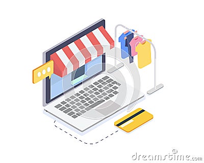 Isometric online clothes store.Online shopping and consumerism concept.3D Vector illustration Vector Illustration