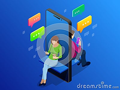 Isometric online dating and social networking concept. Teenagers addiction to new technology trends. Teenagers chatting Vector Illustration