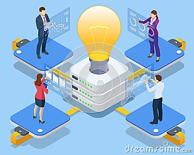 Isometric Online devices upload, download information, data in database on cloud services. Business Intelligence and Vector Illustration