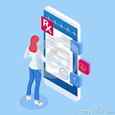 Isometric online doctor consultation, healthcare, medical concept. Online treatment recipe. Vector Illustration