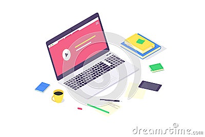 Isometric online education study and laptop knowledge design flat computer learn and book library vector illustration Vector Illustration