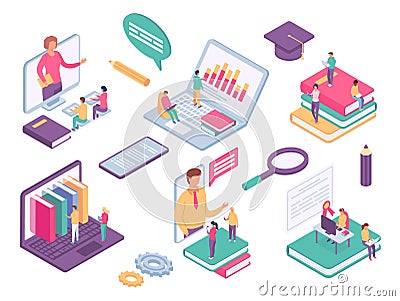 Isometric online education. Virtual class with students, books and teacher on phone screen. Distance school learning from home 3d Vector Illustration
